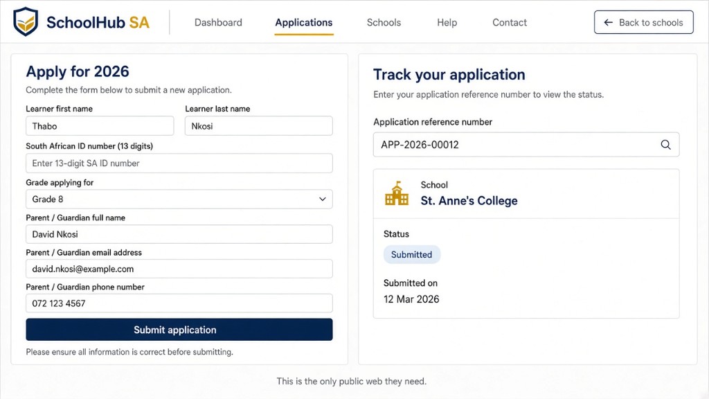 SchoolHub SA online application status screen