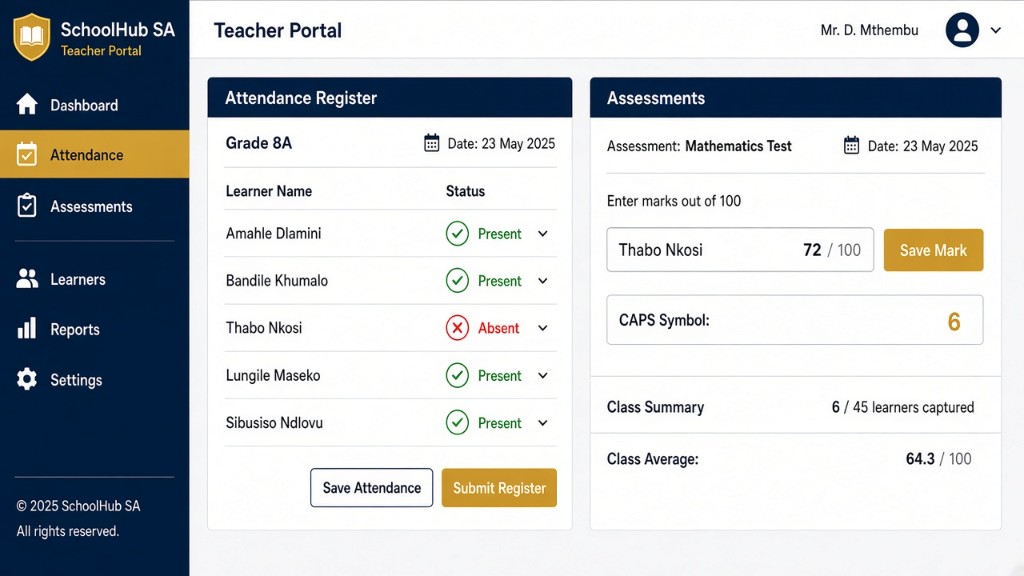 SchoolHub SA teacher portal attendance register and assessments