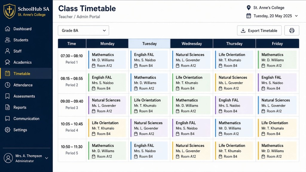 SchoolHub SA timetable management screen