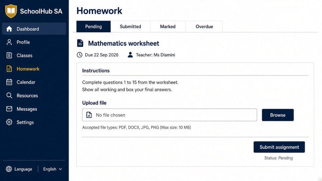 SchoolHub SA student homework assignment submission screen