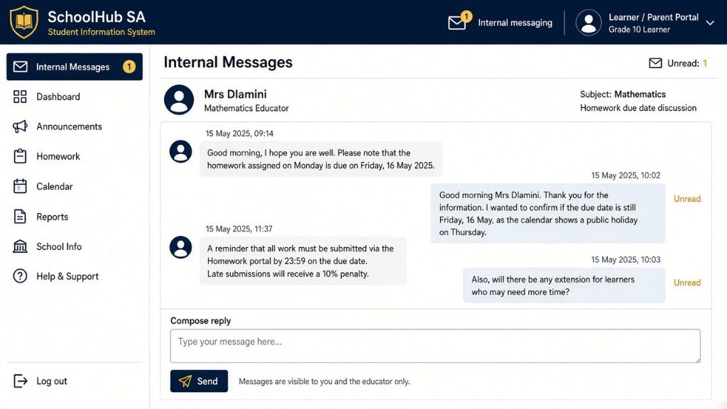 SchoolHub SA internal messaging conversation screen
