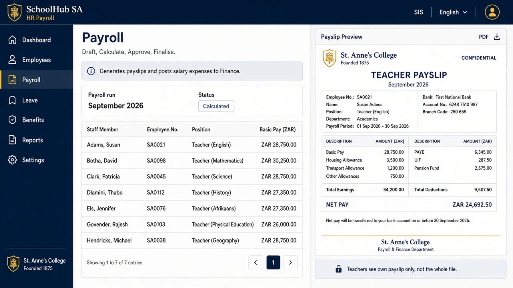 SchoolHub SA HR payroll and payslip preview screen