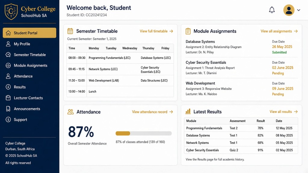 SchoolHub SA college student portal dashboard