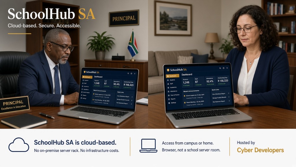 SchoolHub SA cloud-hosted dashboard accessed from laptop