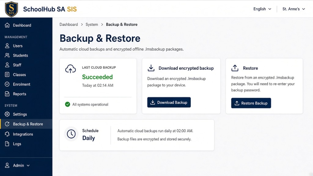 SchoolHub SA backup and restore administration screen